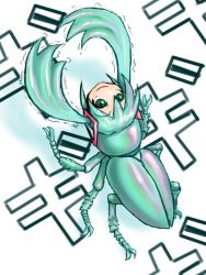 Rule 34 | 1girl, beetle, bug, green eyes, green hair, hair ornament, hatsune miku, insect, kuma (kumahoihoi), matching hair/eyes, short twintails, smile, solo, twintails, vocaloid, what