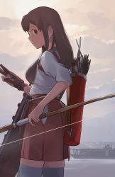 Rule 34 | 10s, 1girl, akagi (kancolle), archery, bad id, bad pixiv id, bow (weapon), brown eyes, brown hair, brown skirt, day, gloves, grey thighhighs, holding, holding bow (weapon), holding weapon, kantai collection, kyuudou, looking back, makio (makiomeigenbot), matching hair/eyes, muneate, outdoors, partially fingerless gloves, partly fingerless gloves, profile, quiver, single glove, skirt, solo, standing, thighhighs, weapon, yugake