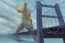 Rule 34 | 1other, amputee, arm at side, bridge, cloud, cloudy sky, commentary request, day, destruction, flesh, giant, guro, monster, no humans, original, outdoors, scenery, sky, toy(e), wading, water, yuugai choujuu