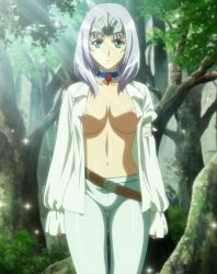 Rule 34 | 10s, 1girl, annelotte, blue eyes, breasts, female focus, forest, highres, long hair, nature, open clothes, open shirt, outdoors, plant, queen&#039;s blade, queen&#039;s blade rebellion, shirt, solo, standing