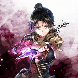 Rule 34 | 1girl, airship assassin wraith, animification, apex legends, artist name, black hair, breasts, brown gloves, brown jacket, cable, commission, electricity, fingerless gloves, gloves, grey eyes, hair bun, holding, holding knife, jacket, knife, leaning to the side, medium breasts, official alternate costume, open hand, ryuka, single hair bun, solo, upper body, wraith&#039;s kunai, wraith (apex legends)