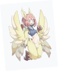 Rule 34 | 1girl, 4138, animal ears, bad id, bad pixiv id, blue eyes, blush, breasts, claws, feather hair, feathered wings, feathers, harpy, head wings, highres, midriff, monster girl, open mouth, original, pink hair, simple background, small breasts, solo, talons, tank top, winged arms, wings, yellow feathers