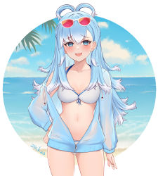 Rule 34 | 1girl, absurdres, beach, bikini, blue eyes, blue hair, blue jacket, blush, breasts, cloud, contrapposto, cowboy shot, day, eyewear on head, gradient hair, hair between eyes, hair rings, hand on own hip, highres, holoh3ro, hololive, hololive indonesia, jacket, kobo kanaeru, long hair, long sleeves, looking at viewer, medium breasts, multicolored hair, navel, ocean, open clothes, open jacket, open mouth, outdoors, palm tree, see-through, sky, sleeves past wrists, smug, solo, sunglasses, swimsuit, tree, unzipped, virtual youtuber, water, white bikini, white hair, zinkaa, zipper pull tab