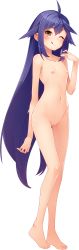 Rule 34 | ;q, absurdres, ahoge, akune mineko, blue hair, blush, collarbone, completely nude, flat chest, full body, haru to yuki, highres, long hair, navel, nipples, no pussy, non-web source, nude, one eye closed, scottie (phantom2), simple background, solo, tongue, tongue out, transparent background, very long hair, yellow eyes