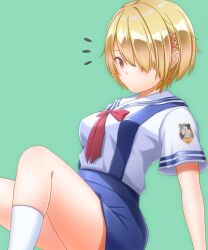 Rule 34 | 1girl, alternate costume, asaba touka, blonde hair, blue skirt, clannad, closed mouth, commentary request, company connection, feet out of frame, green background, hair ornament, hair over one eye, hairclip, heaven burns red, high-waist skirt, highres, hikarizaka private high school uniform, kayamori ruka, key (company), kneehighs, looking at viewer, musical note, notice lines, red eyes, red ribbon, ribbon, school uniform, shirt, short hair, short sleeves, simple background, sitting, skindentation, skirt, socks, solo, summer uniform, suspender skirt, suspenders, white shirt, white socks