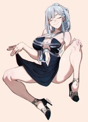Rule 34 | 1girl, ak-12 (girls&#039; frontline), ak-12 (quiet azure) (girls&#039; frontline), bare legs, black dress, breasts, cleavage, closed eyes, clothes lift, collaboration, dress, dress lift, full body, gem, girls&#039; frontline, high heels, highres, kollerss, large breasts, lifted by self, long hair, maizken, navel, no bra, official alternate costume, plunging neckline, ponytail, short dress, silver hair, solo, spread legs, stiletto heels, thighs, wide spread legs