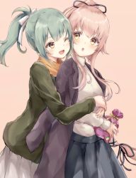 Rule 34 | bad id, bad twitter id, bag, brown eyes, coat, coat on shoulders, commentary request, cowboy shot, from behind, green hair, green jacket, grey coat, grey skirt, hair ribbon, highres, jacket, kantai collection, long hair, official alternate costume, one eye closed, orange scarf, pink background, pink hair, pleated skirt, ponytail, ribbon, sa-ya2, satchel, scarf, simple background, skirt, sweater, turtleneck, very long hair, white ribbon, white sweater, yura (kancolle), yuubari (kancolle), yuubari kai ni (kancolle)