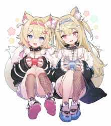 Rule 34 | 2girls, animal ear fluff, animal ears, asymmetrical legwear, black jacket, blonde hair, blue eyes, collar, controller, cropped jacket, cropped shirt, dog ears, dog tail, dress, frilled shorts, frills, fur-trimmed jacket, fur trim, fuwawa abyssgard, fuwawa abyssgard (1st costume), game controller, hair ornament, hairband, hairpin, highres, hololive, hololive english, jacket, long hair, medium hair, mismatched legwear, mococo abyssgard, mococo abyssgard (1st costume), multicolored hair, multiple girls, pink eyes, shirt, shoes, short shorts, shorts, siblings, sibyl, single thighhigh, sisters, sitting, sneakers, socks, spiked collar, spikes, streaked hair, tail, thighhighs, twins, virtual youtuber, white background, white dress, white shirt, white shorts, x hair ornament