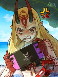 Rule 34 | 1girl, anger vein, angry, beach, bikini, black bikini, blonde hair, clenched teeth, fate/grand order, fate (series), food, food in mouth, horns, ibaraki douji (fate), ibaraki douji (fate/grand order), ibaraki douji (swimsuit lancer) (fate), ibaraki douji (swimsuit lancer) (first ascension) (fate), long hair, nintendo switch, oni horns, pocky, pocky in mouth, pointy ears, swimsuit, tattoo, teeth, yellow eyes, zap