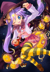 Rule 34 | 00s, 1girl, blue eyes, female focus, food, halloween, hat, highres, hiiragi kagami, jack-o&#039;-lantern, jewelry, long hair, lucky star, nyanmilla, one eye closed, pendant, pocky, pumpkin, purple hair, school uniform, serafuku, solo, striped clothes, striped thighhighs, thighhighs, tsurime, twintails, wand, wink, witch hat