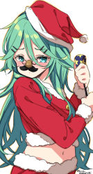 Rule 34 | 1girl, alternate costume, commentary request, fake facial hair, fake mustache, fur-trimmed shirt, fur trim, glasses, green eyes, green hair, groucho glasses, hair between eyes, hair ornament, hairclip, hat, highres, kantai collection, laco soregashi, long hair, looking at viewer, midriff, one-hour drawing challenge, parted bangs, party popper, red hat, red shirt, santa costume, santa hat, shirt, sidelocks, simple background, solo, white background, yamakaze (kancolle)