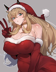 Rule 34 | 1girl, bare shoulders, barghest (fate), blonde hair, breasts, christmas, cleavage, covered erect nipples, dress, elbow gloves, fate/grand order, fate (series), fur-trimmed dress, fur-trimmed headwear, fur trim, gloves, green eyes, hat, highres, horns, jewelry, large breasts, long hair, looking at viewer, makuro, neck ring, open mouth, red dress, red gloves, red hat, santa costume, santa hat, solo, v