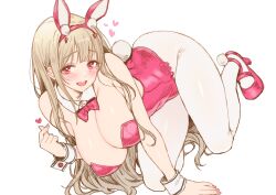 Rule 34 | 1girl, animal ears, bare shoulders, blonde hair, blush, bow, bowtie, breasts, cleavage, detached collar, fake animal ears, fake tail, goddess of victory: nikke, high heels, highres, horns, large breasts, leotard, long hair, looking at viewer, open mouth, pantyhose, pink eyes, pink horns, pink leotard, playboy bunny, rabbit ears, rabbit tail, smile, solo, tail, thighs, viper (nikke), viper (toxic rabbit) (nikke), white background, white pantyhose, whoosaku, wrist cuffs