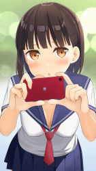 Rule 34 | 1girl, :o, absurdres, apollo (hu maple), blue sailor collar, blue skirt, blunt bangs, blurry, blurry background, blush, bokeh, breasts, brown hair, cellphone, cleavage, cowboy shot, depth of field, downblouse, green background, highres, holding, holding phone, leaning forward, looking at viewer, medium breasts, miniskirt, neckerchief, orange eyes, original, parted lips, phone, pleated skirt, red neckerchief, sailor collar, school uniform, serafuku, shirt, short hair, short sleeves, skirt, smartphone, solo, taking picture, white shirt