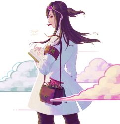 Rule 34 | 1girl, absurdres, ace attorney, armband, arrow (symbol), bag, book, brown hair, brown pants, character name, cloud, coat, eating, ema skye, eyewear on head, female focus, food, from behind, half updo, hand up, highres, holding, holding book, japanese text, lab coat, long hair, long sleeves, open book, open mouth, outline, pants, phoenix wright: ace attorney - spirit of justice, pink-framed eyewear, pink-tinted eyewear, ponytail, profile, romaji text, safety pin, shoulder bag, sidelocks, simple background, solo, standing, sunglasses, tabideru, tape, tinted eyewear, translation request, vial, white background, white coat, white outline