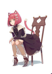 Rule 34 | 1girl, animal ear fluff, animal ears, arms on knees, black dress, black footwear, blunt bangs, bob cut, boots, bow, buttons, cat ears, cat girl, cat tail, chair, closed mouth, collar, collared dress, commentary, cross-laced footwear, dress, english commentary, eyelashes, frilled collar, frilled legwear, frilled sleeves, frills, green eyes, hair bow, high heel boots, high heels, lace-up boots, leaning forward, light smile, long sleeves, looking at viewer, maid, nia (hks), original, pink hair, pink tail, short hair, simple background, sitting, skirt hold, sleeve cuffs, slit pupils, solo, tail, tail raised, white background, white bow, white legwear