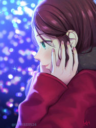Rule 34 | 1girl, blurry, blurry background, blush, brown hair, closed mouth, coat, dorothea arnault, fire emblem, fire emblem: three houses, green eyes, highres, kh (tanakananataka), long hair, long sleeves, nail polish, nintendo, pink nails, profile, red coat, smile, solo, twitter username, upper body, winter clothes, winter coat