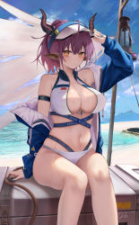 Rule 34 | 1girl, animal ears, arknights, arm strap, bare legs, bare shoulders, beach, bikini, blue jacket, blue nails, blush, breasts, cleavage, closed mouth, hat, highres, horns, jacket, large breasts, long hair, long sleeves, looking at viewer, nail polish, navel, ocean, off shoulder, official alternate costume, ponytail, purple hair, ru zhai, sideroca (arknights), sideroca (light breeze) (arknights), sitting, solo, swimsuit, thighs, visor, water, white bikini, white hat, yellow eyes