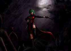Rule 34 | &gt;:), 1girl, adapted costume, black footwear, black gloves, boots, breasts, cloud, cloudy sky, dark, demon, devil may cry (series), ebony (devil may cry), female focus, full body, full moon, gloves, green hair, gun, hand on own hip, handgun, highres, ivory (devil may cry), jewelry, kazami yuuka, letterboxed, long sleeves, m1911, medium breasts, moon, nelo anjuurou, night, night sky, outdoors, parody, parted lips, pendant, plaid, plaid skirt, plaid vest, red eyes, red skirt, red vest, short hair, side slit, skirt, skirt set, sky, smile, solo, thigh strap, touhou, v-shaped eyebrows, vest, weapon