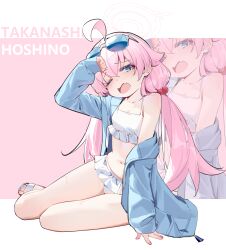 Rule 34 | 1girl, ahoge, bikini, blue archive, blue eyes, blue jacket, blush, breasts, collarbone, eyewear on head, hair bobbles, hair ornament, highres, hoshino (blue archive), hoshino (swimsuit) (blue archive), jacket, long hair, long sleeves, low twintails, official alternate costume, one eye closed, open clothes, open jacket, open mouth, painterliuhao, pink hair, sandals, sitting, small breasts, solo, sunglasses, swimsuit, twintails, white bikini, yokozuwari