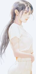 Rule 34 | 1girl, absurdres, ass, black hair, breasts, from side, grey background, highres, long hair, looking ahead, low ponytail, medium breasts, nagamerin, original, pants, ponytail, shirt, short sleeves, simple background, skin tight, smile, solo, white background, white pants, white shirt