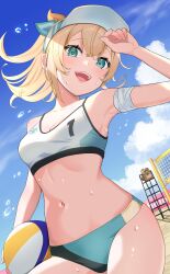 Rule 34 | 1girl, absurdres, balloon, bare shoulders, blonde hair, blue eyes, breasts, cleavage, highres, hololive, kazama iroha, medium breasts, open mouth, outdoors, sable mint, smile, solo, virtual youtuber