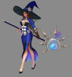 Rule 34 | 10s, 1girl, 2014, artist name, holding behind back, blue dress, breasts, brown eyes, brown gloves, brown hair, cleavage, cleavage cutout, clothing cutout, dated, dress, gloves, grey background, hat, hat ornament, high heels, holding, holding weapon, huge breasts, lipstick, long hair, magic, makeup, side slit, simple background, single glove, snowflakes, solo, staff, standing, walking, weapon, witch hat, yuuri (llpp12)