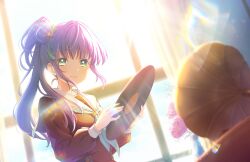 Rule 34 | 1girl, aqua neckerchief, backlighting, brown dress, closed mouth, dress, dutch angle, flower, game cg, green eyes, hair bun, hair flower, hair ornament, hasu no sora school uniform, highres, holding, holding record, lens flare, lens flare abuse, link! like! love live!, long hair, long sleeves, looking at viewer, love live!, neckerchief, official art, otomune kozue, phonograph, purple hair, record, red flower, sailor collar, sailor dress, school uniform, side ponytail, sidelocks, single side bun, smile, solo, third-party source, upper body, white sailor collar, winter uniform