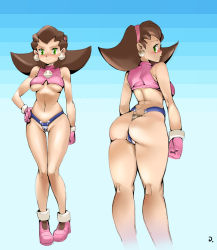 Rule 34 | 1girl, alternate costume, artist request, ass, bare shoulders, blush, boots, breasts, brown hair, cleft of venus, crop top, d1975, earrings, full body, gloves, green eyes, hair slicked back, hairband, hand on own hip, highres, jewelry, looking at viewer, looking back, mega man (series), mega man legends (series), navel, no bra, partially visible vulva, pink gloves, pink hairband, pink shirt, revealing clothes, shirt, skindentation, sleeveless, sleeveless turtleneck, small breasts, solo, standing, thigh gap, thong, tron bonne (mega man), turtleneck, underboob, wedgie