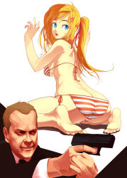 Rule 34 | 1boy, 1girl, 24, ass, barefoot, bikini, blonde hair, blue eyes, breasts, butt crack, cameltoe, feet, gun, hair ornament, hairclip, highres, jack bauer, kiefer sutherland, kurohachi, large breasts, long hair, looking back, open mouth, ponytail, side-tie bikini bottom, soles, striped bikini, striped clothes, swimsuit, toes, trefoil, weapon, what