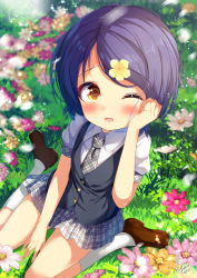 Rule 34 | 1girl, between legs, black hair, black vest, blurry, blurry background, blush, brown eyes, brown footwear, chinomaron, collared shirt, commentary request, day, depth of field, flower, from above, gochuumon wa usagi desu ka?, hair flower, hair ornament, hand between legs, hand up, highres, jouga maya, loafers, looking at viewer, looking up, necktie, on grass, one eye closed, open mouth, outdoors, pink flower, plaid, plaid necktie, plaid skirt, puffy short sleeves, puffy sleeves, purple flower, shirt, shoes, short sleeves, sitting, skirt, socks, solo, swept bangs, vest, wariza, white flower, white shirt, white socks, yellow flower