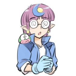 Rule 34 | 1990s (style), 1girl, arara cocoa, crescent, crescent hair ornament, earrings, freckles, glasses, gloves, hair ornament, jewelry, medium hair, ng knight lamune &amp; 40, open mouth, pointy ears, purple hair, retro artstyle, simple background, ueyama michirou, white background