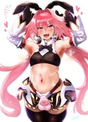Rule 34 | 1boy, absurdres, armor, armpits, arms up, astolfo (fate), astolfo (saber) (fate), bad id, bad pixiv id, bare shoulders, belt, black bow, black bowtie, black gloves, black ribbon, black shirt, black skirt, black thighhighs, blush, bow, bowtie, bulge, crop top, erection, erection under clothes, fang, fate/grand order, fate (series), faulds, gloves, hair between eyes, hair bow, hair intakes, hair ribbon, heart, hero neisan, highres, huge filesize, long hair, long sleeves, looking at viewer, low twintails, male focus, midriff, multicolored hair, navel, open mouth, panties, pink hair, pink panties, pleated skirt, purple eyes, ribbon, shirt, simple background, skirt, smile, solo, sparkle, streaked hair, striped clothes, striped panties, thighhighs, trap, twintails, underwear, white background, white hair, wide sleeves, wing collar
