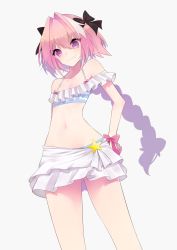 Rule 34 | 10s, 1boy, astolfo (fate), astolfo (sparkling frills) (fate), bikini, black bow, blue bikini, blush, bow, braid, collarbone, contrapposto, cowboy shot, fang, fate/extella, fate/extella link, fate/extra, fate/grand order, fate (series), frilled bikini, frills, gluteal fold, grey background, hair between eyes, hair bow, hair intakes, highres, long braid, long hair, looking at viewer, male focus, mugi 001, multicolored hair, navel, off-shoulder bikini, off shoulder, official alternate costume, pink hair, purple eyes, red bow, single braid, solo, star (symbol), stomach, streaked hair, swimsuit, trap, very long hair, wrist bow