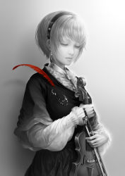 Rule 34 | 1girl, absurdres, bouno satoshi, bow (music), center frills, closed eyes, dress, earrings, female focus, frills, gradient background, hairband, highres, instrument, jewelry, long sleeves, monochrome, original, realistic, short hair, solo, spot color, violin, white background