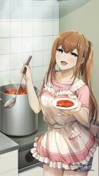 Rule 34 | 1girl, absurdres, apron, blue eyes, breasts, brown hair, collarbone, cooking, copyright name, cowboy shot, highres, huke, kitchen, ladle, long hair, looking at viewer, makise kurisu, medium breasts, official art, open mouth, ponytail, pot, ribbed sweater, saucer, short shorts, short sleeves, shorts, smile, solo, soup ladle, standing, steins;gate, sweater, watermark