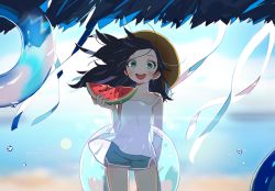 Rule 34 | 1girl, :d, abstract background, arm behind back, beach, black hair, blush, commentary, cowboy shot, food, fruit, green eyes, gwayo, hat, holding, innertube, long hair, looking at viewer, open mouth, original, outdoors, sand, shorts, smile, solo, straw hat, sun hat, swim ring, tank top, water, water drop, watermelon