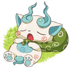 Rule 34 | closed eyes, komasan, lying, no humans, on back, on grass, open mouth, shiroinu, simple background, sleeping, solo, white background, youkai watch