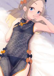 Rule 34 | 1girl, abigail williams (fate), bare shoulders, black bow, black bra, black dress, black panties, blonde hair, blue eyes, blush, bow, bra, braid, braided hair rings, breasts, china dress, chinese clothes, dress, fate/grand order, fate (series), forehead, hair bow, hair rings, highres, karu (ricardo 2628), lace, lace dress, long hair, looking at viewer, lying, on back, open mouth, orange bow, panties, parted bangs, see-through, side slit, small breasts, solo, thighs, underwear