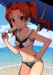 Rule 34 | 1girl, beach, beach umbrella, bikini, black bow, black neckwear, blue sky, bow, breasts, brown eyes, brown hair, cleavage, cloud, cloudy sky, collarbone, cowboy shot, day, eating, food, girls und panzer, hair bow, hand on own hip, highres, holding, holding food, kadotani anzu, long hair, looking at viewer, nakasone haiji, navel, ocean, ooarai school uniform, parted bangs, popsicle, sailor collar, school uniform, sky, small breasts, solo, standing, sweat, swimsuit, twintails, umbrella, water, waves, white sailor collar
