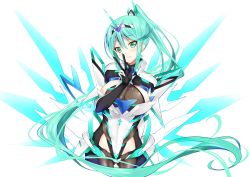 Rule 34 | 1girl, absurdly long hair, blush, breasts, cleavage, daive, earrings, gloves, gluteal fold, green eyes, green hair, highres, jewelry, large breasts, long hair, looking at viewer, nintendo, pneuma (xenoblade), ponytail, simple background, smile, solo, spoilers, swept bangs, tiara, v, very long hair, white background, xenoblade chronicles (series), xenoblade chronicles 2