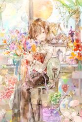 Rule 34 | 1girl, bell-bottoms, bouquet, brown hair, brown pants, chair, closed eyes, desk, desk lamp, facing viewer, flower, highres, holding, holding bouquet, kazuka, lamp, long sleeves, office chair, open mouth, original, painting (medium), pants, sitting, solo, sweater, swivel chair, traditional media, turtleneck, turtleneck sweater, watercolor (medium)