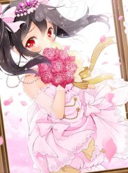 Rule 34 | 1girl, bare shoulders, black hair, blush, bow, bridal veil, bride, covering own mouth, dress, dress bow, flower, hair between eyes, hair ornament, hazuki natsu, heart, heart-shaped pupils, holding, holding flower, looking at viewer, love live!, love live! school idol project, petals, red eyes, red flower, red rose, rose, solo, strapless, strapless dress, symbol-shaped pupils, twintails, veil, wedding dress, yazawa nico