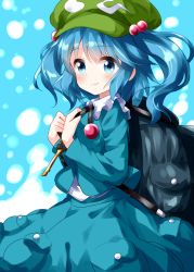 Rule 34 | 1girl, backpack, bag, blouse, blue background, blue eyes, blue hair, blue shirt, blue skirt, closed mouth, cowboy shot, flat cap, from side, green hat, hair bobbles, hair ornament, hat, highres, holding, kawashiro nitori, key, long sleeves, looking at viewer, medium hair, pocket, ruu (tksymkw), shirt, skirt, skirt set, smile, solo, standing, touhou, two side up