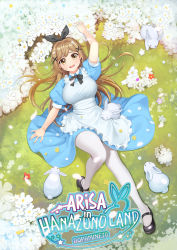 Rule 34 | 10s, 1girl, absurdres, alice (alice in wonderland), alice (alice in wonderland) (cosplay), alice in wonderland, alternate hairstyle, animal, apron, arm above head, bang dream!, black bow, black footwear, black ribbon, blue dress, bow, breasts, brown eyes, brown hair, collared dress, commentary, cosplay, dopamine70, dress, english text, flower, frilled apron, frills, from above, grass, hair bow, hair ornament, hairband, highres, ichigaya arisa, large breasts, long hair, looking at viewer, lying, mary janes, neck ribbon, on back, on ground, open mouth, pantyhose, parody, petals, puffy short sleeves, puffy sleeves, rabbit, ribbon, shoes, short sleeves, solo, white apron, white pantyhose, wing collar, x hair ornament