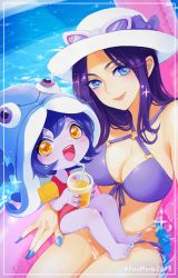 Rule 34 | 2girls, aoko (torisoboro), bikini, blue eyes, blue hair, breasts, caitlyn (league of legends), cleavage, colored skin, flat chest, half-closed eyes, hat, highres, innertube, large breasts, league of legends, long hair, looking at viewer, lulu (league of legends), multiple girls, nail polish, one-piece swimsuit, pink one-piece swimsuit, pool party caitlyn, pool party lulu, purple bikini, purple hair, purple skin, short hair, sitting, smile, sparkle, swim ring, swimsuit, toenail polish, toenails, yellow eyes, yordle