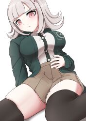 1girl :t absurdres arm_at_side black_thighhighs blunt_bangs breasts brown_hair brown_skirt buttons cardigan closed_mouth commentary_request danganronpa_(series) danganronpa_2:_goodbye_despair dutch_angle eyelashes feet_out_of_frame flipped_hair from_below green_cardigan highres impossible_clothes large_breasts light_blush looking_at_viewer medium_hair miniskirt nanafuku nanami_chiaki open_cardigan open_clothes pink_eyes pleated_skirt pout ringed_eyes shirt simple_background sitting skirt sleeves_past_wrists solo thighhighs thighs wariza white_background white_shirt zettai_ryouiki