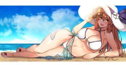 Rule 34 | 1girl, artist name, beach, bikini, blue sky, blush, breasts, brown hair, cleavage, cloud, cloudy sky, criss-cross halter, day, etsem, full body, girls&#039; frontline, gluteal fold, green eyes, hair between eyes, halterneck, hat, jpeg artifacts, large breasts, letterboxed, long hair, looking at viewer, lying, navel, o-ring, o-ring bikini, official alternate costume, on side, outdoors, sandals, sarong, sky, solo, springfield (girls&#039; frontline), springfield (stirring mermaid) (girls&#039; frontline), sun hat, sunglasses, sweat, swimsuit, thigh gap