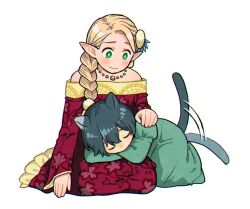 Rule 34 | 2girls, afterimage, animal ears, bare shoulders, black hair, blonde hair, blush, braid, cat ears, cat girl, cat tail, closed eyes, crossed arms, dress, dungeon meshi, floral print, flower, frilled dress, frills, full body, gold trim, green dress, green eyes, hair flower, hair ornament, hand on another&#039;s back, izutsumi, jewelry, juliet sleeves, lap pillow, long hair, long sleeves, marcille donato, motion lines, multiple girls, necklace, off-shoulder dress, off shoulder, official alternate costume, pointy ears, puffy sleeves, red dress, seiza, short hair, side braid, simple background, single braid, sitting, tada kaoru, tail, white background