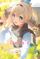 Rule 34 | 1girl, :d, absurdres, black scarf, blonde hair, blue eyes, blush, chest sarashi, cover, cover page, day, from above, ginkgo leaf, hair between eyes, hana mori, highres, hololive, jacket, kazama iroha, leaf, long hair, long sleeves, looking at viewer, open clothes, open jacket, open mouth, pokobee, ponytail, sarashi, scan, scarf, smile, solo, standing, veranda, virtual youtuber